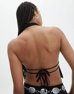 Split Front Open Back Halter Top -Outlet Glassons Store ainsley apron blouse black detail bv108528tex