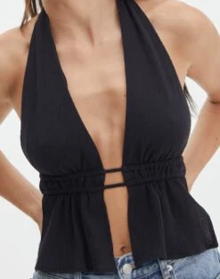 Split Front Open Back Halter Top -Outlet Glassons Store ainsley apron blouse black imageback bv108528tex