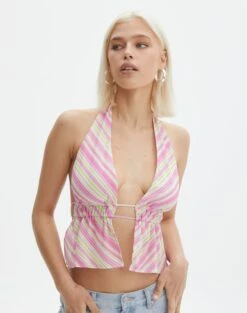 Printed Split Front Open Back Ruched Top 19 Printed Split Front Open Back Ruched Top -Outlet Glassons Store ainsley apron blouse guava stripe detail bv108528prt
