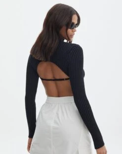 Cropped High Neck Backless Long Sleeve Knit Top -Outlet Glassons Store bearman backless funnel top black back kl111146knt