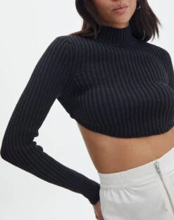 Cropped High Neck Backless Long Sleeve Knit Top -Outlet Glassons Store bearman backless funnel top black imageback kl111146knt