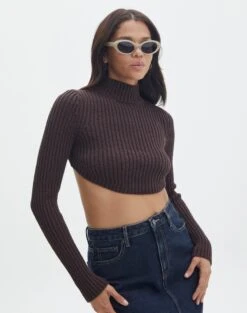 Cropped High Neck Backless Long Sleeve Knit Top -Outlet Glassons Store bearman backless funnel top its soy cute front kl111146knt