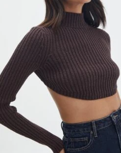 Cropped High Neck Backless Long Sleeve Knit Top -Outlet Glassons Store bearman backless funnel top its soy cute imageback kl111146knt