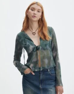 Print Frill Split Tie Front Blouse 41 Print Frill Split Tie Front Blouse -Outlet Glassons Store beth tie front chiffon blouse cypress haze front bl111539haz 2