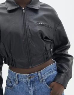 Cropped Faux Leather Bomber Jacket -Outlet Glassons Store camryn cropped pu bomber jacket black imageback jw75420pu