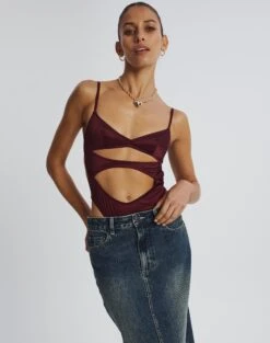 Cut Out Satin Bodysuit -Outlet Glassons Store cartia cut out bodysuit cherry oh front tb106803sat