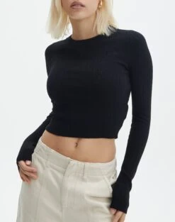 Long Sleeve Ribbed Knit Top -Outlet Glassons Store chutney crew neck black imageback kl79026vn