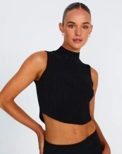 High Neck Curve Hem Knit Tank Top