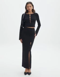 Ribbed Knit Button Side Maxi Skirt 27 Ribbed Knit Button Side Maxi Skirt -Outlet Glassons Store co darby button down knit midi skirt black front sl109336knt