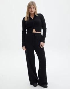 Long Sleeve Zip Through Knit Top -Outlet Glassons Store co harriet wide leg knit pants black front pw53795knt 1