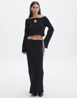 Off Shoulder Flare Long Sleeve Knit -Outlet Glassons Store co lardee knit tie waist maxi black front sl47099knt