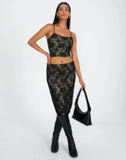 Lace Midi Slip Skirt -Outlet Glassons Store co lorna lace midi skirt blacknude front sl108106lac