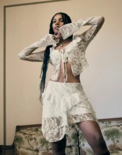 Tie Front Lace Frill Blouse -Outlet Glassons Store co lotus mini skirt bad to the bone front ss116576lac