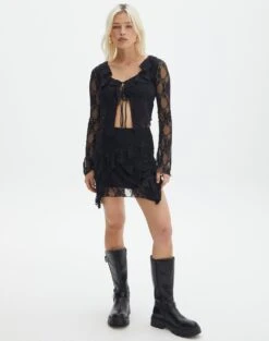 Tie Front Lace Frill Blouse -Outlet Glassons Store co lotus mini skirt black front ss116576lac