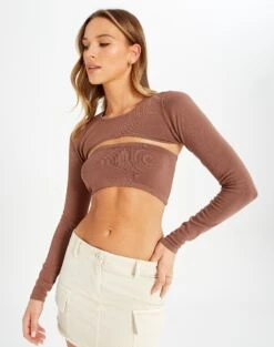 Ribbed Knit Long Sleeve Shrug -Outlet Glassons Store co midas shrug shiitake detail kl54070cre