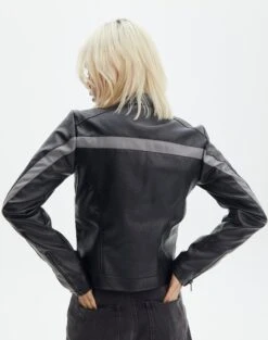 Faux Leather Long Sleeve Jacket -Outlet Glassons Store co mila moto jacket blackgrey back jw90928pu