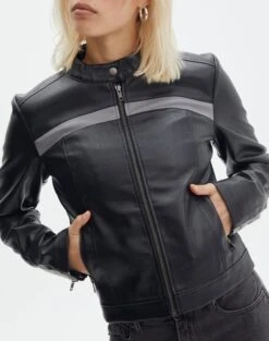 Faux Leather Long Sleeve Jacket -Outlet Glassons Store co mila moto jacket blackgrey imageback jw90928pu