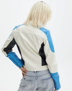 Faux Leather Long Sleeve Jacket -Outlet Glassons Store co mila moto jacket blue colour block back jw90928pu