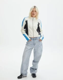 Faux Leather Long Sleeve Jacket -Outlet Glassons Store co mila moto jacket blue colour block full jw90928pu