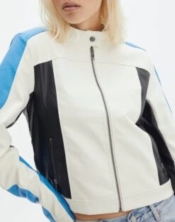 Faux Leather Long Sleeve Jacket -Outlet Glassons Store co mila moto jacket blue colour block imageback jw90928pu