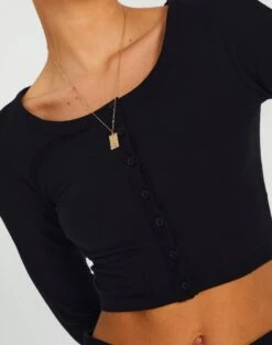 Button Up Cropped Long Sleeve Top -Outlet Glassons Store co peony longsleeve black imageback tc93716cot