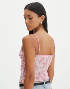 Floral Print Mesh Lettuce Trim Cropped Cami -Outlet Glassons Store co sabrina burnout mesh cami baby doll burnout back tv54660rbo