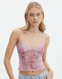 Print Mesh Strapless Top -Outlet Glassons Store co sabrina mesh cami baby doll script front tv54660rprt