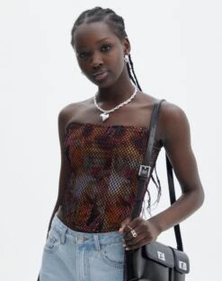 Floral Print Mesh Lettuce Trim Cropped Cami -Outlet Glassons Store freya fishnet corset fuschia clash front tv104708fcc