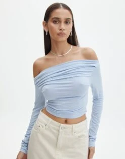 Ruched Off The Shoulder Top -Outlet Glassons Store genie ruche off the shoulder top icecap front tl124186vis