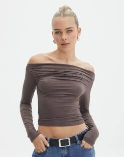 Ruched Off The Shoulder Top -Outlet Glassons Store genie ruched off the shoulder top irish coffee front tl124186vis