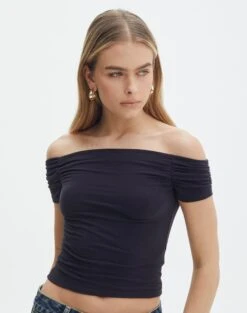 Wide Leg Denim Culottes -Outlet Glassons Store greta ruched off the shoulder top black front ts119562cot