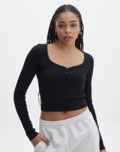 Long Sleeve Button Scoop Neck Top 32 Long Sleeve Button Scoop Neck Top -Outlet Glassons Store harrison henley longsleeve black front tl114637ocot 1