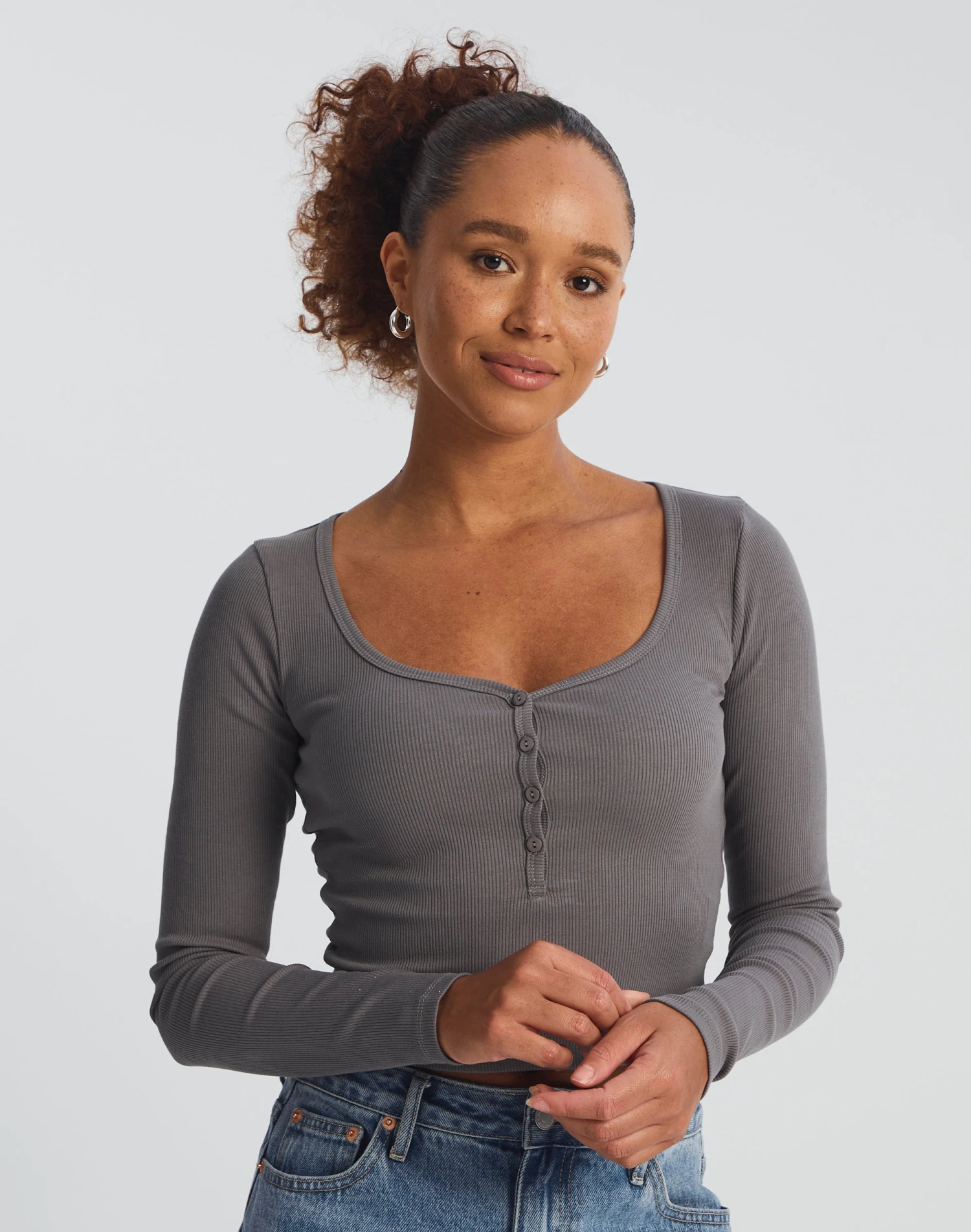 Long Sleeve Button Scoop Neck Top 3 Long Sleeve Button Scoop Neck Top