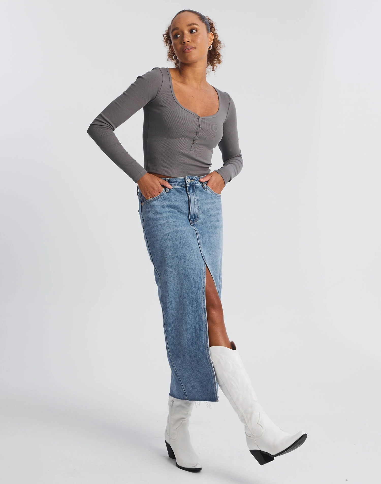 Long Sleeve Button Scoop Neck Top 4 Long Sleeve Button Scoop Neck Top - Image 2