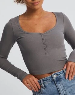 Long Sleeve Button Scoop Neck Top 25 Long Sleeve Button Scoop Neck Top -Outlet Glassons Store harrison henley longsleeve keep your coal imageback tl114637ocot