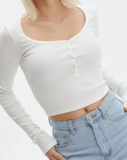 Long Sleeve Button Scoop Neck Top 30 Long Sleeve Button Scoop Neck Top -Outlet Glassons Store harrison henley longsleeve milk imageback tl114637ocot