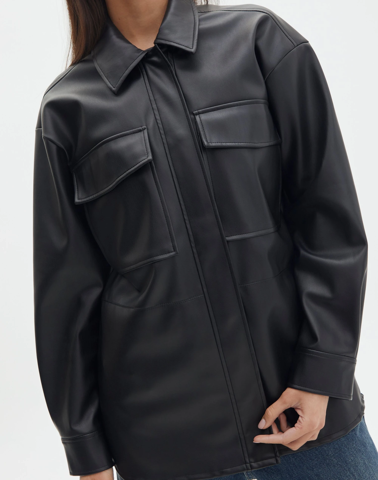 Double Pocket Oversized Faux Leather Shacket 6 Double Pocket Oversized Faux Leather Shacket - Image 4