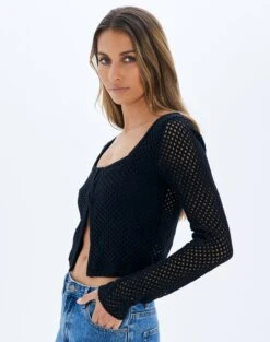 Crochet Split Front Hook Eye Top -Outlet Glassons Store kory knit keyhole top black detail kc80507cro