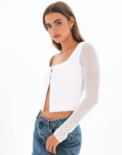 Crochet Split Front Hook Eye Top -Outlet Glassons Store kory knit keyhole top white detail kc80507cro