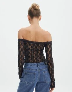 Off Shoulder Lace Long Sleeve Top -Outlet Glassons Store lexi longsleeve lace top black back tl116985lac