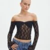 Off Shoulder Lace Long Sleeve Top -Outlet Glassons Store lexi longsleeve lace top black front tl116985lac