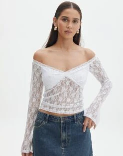 Off Shoulder Lace Long Sleeve Top -Outlet Glassons Store lexi longsleeve lace top white front tl116985lac