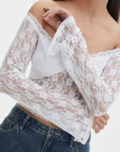 Off Shoulder Lace Long Sleeve Top -Outlet Glassons Store lexi longsleeve lace top white imageback tl116985lac