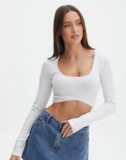 Pointelle Curve Hem Cropped Long Sleeve Top