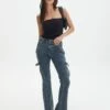 Low Rise Cargo Detail Bootcut Jeans -Outlet Glassons Store lilo low rise denim cargo coyote blue front jd109688dnm