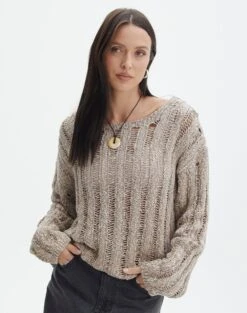 Sheer Ladder Knit Button Up Top -Outlet Glassons Store lizzy ladder neutral marle front kl124032knt 1
