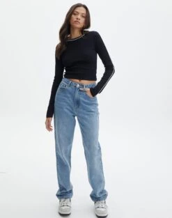 Contrast Stitch Long Sleeve Top 23 Contrast Stitch Long Sleeve Top -Outlet Glassons Store mac contrast bind top blackwhite full tl54279rib