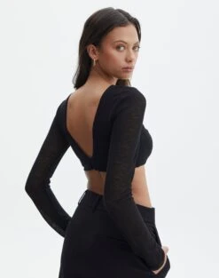 Sheer Backless Long Sleeve Crop Top -Outlet Glassons Store mila underwire super crop black back tl112008msh