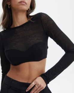 Sheer Backless Long Sleeve Crop Top -Outlet Glassons Store mila underwire super crop black imageback tl112008msh