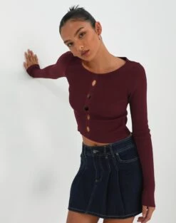 Twist Split Front Long Sleeve Knit -Outlet Glassons Store monita multi cut out knit red chocolate front kl95709vn 2